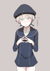 Rule 34 | 1girl, blue dress, blue eyes, blue hat, blush, clothes writing, dress, fingers together, flying sweatdrops, grey background, hat, kantai collection, long sleeves, male focus, open mouth, ryo (liver sashi daisuki!), sailor collar, sailor dress, sailor hat, short hair, silver hair, simple background, solo, sweat, translation request, z1 leberecht maass (kancolle)