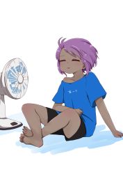 Rule 34 | 1girl, arm support, barefoot, black shorts, blue shirt, blush, closed eyes, clothes writing, collarbone, colored shadow, crossed ankles, dark-skinned female, dark skin, electric fan, fanning self, fate/prototype, fate/prototype: fragments of blue and silver, fate (series), floating hair, hassan of serenity (fate), highres, i.u.y, off shoulder, parted lips, purple hair, shadow, shirt, short shorts, short sleeves, shorts, sitting, solo, translation request, white background