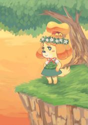 Rule 34 | animal crossing, animated, animated gif, blinking, cliff, dress, green dress, hands on own hips, head wreath, isabelle (animal crossing), looking away, nintendo, orange background, orange sky, sky, source request, standing, tree