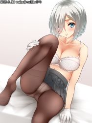 Rule 34 | 1girl, black pantyhose, blue eyes, blush, bra, breasts, closed mouth, dated, gradient background, hair ornament, hair over one eye, hairclip, hamakaze (kancolle), highres, kantai collection, large breasts, looking at viewer, navel, nuka (nvkka), one-hour drawing challenge, panties, panties under pantyhose, pantyhose, pleated skirt, short hair, silver hair, skirt, solo, sweatdrop, underwear, white bra