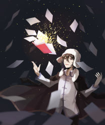 Rule 34 | 10s, 1boy, black background, black hair, book, bungou stray dogs, capelet, fur trim, fyodor dostoyevsky, fyodor dostoyevsky (bungou stray dogs), hat, highres, joyce, male focus, open mouth, red eyes, simple background, solo, upper body