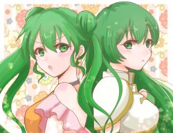 Rule 34 | 2girls, armor, back-to-back, breastplate, double bun, earrings, erinys (fire emblem), fire emblem, fire emblem: genealogy of the holy war, floral background, from side, green eyes, green hair, hair between eyes, hair bun, jewelry, long hair, multiple girls, nintendo, open mouth, shoulder armor, silvia (fire emblem), twintails, upper body, yuurifeh