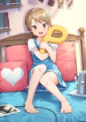 Rule 34 | 1girl, :d, @ @, absurdres, barefoot, bed, blue dress, blue flower, blue skirt, blush, brown eyes, brown hair, cellphone, clothes between thighs, clothes pin, collarbone, commentary request, dress, flower, full body, goback, hair flower, hair ornament, heart, highres, idolmaster, idolmaster cinderella girls, indoors, long hair, morikubo nono, hugging object, open mouth, p-head producer, phone, photo (object), pillow, producer (idolmaster), puffy short sleeves, puffy sleeves, ringlets, shirt, short sleeves, sitting, skirt, sleeveless, sleeveless dress, smile, solo, tablet pc, white shirt