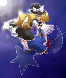 Rule 34 | 2girls, alice margatroid, bad id, bad pixiv id, blonde hair, couple, crescent, crescent moon, female focus, full moon, hairband, hat, kirisame marisa, kiss, long hair, moon, multiple girls, non (z-art), short hair, star (symbol), touhou, witch, witch hat, yuri