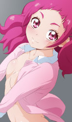 Rule 34 | 1girl, ass, breasts, closed mouth, collarbone, collared shirt, dress shirt, fuchi (nightmare), grey background, highres, hugtto! precure, looking at viewer, medium breasts, medium hair, nono hana, open clothes, open shirt, pink eyes, pink hair, pink shirt, precure, shirt, simple background, smile, solo