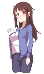 Rule 34 | 1girl, blue jacket, blue pants, blush, breasts, brown hair, closed mouth, dated, jacket, long hair, long sleeves, maze (gochama ze gohan), medium breasts, original, pants, red eyes, shirt, sidelocks, signature, simple background, sketch, solo, white background, white shirt