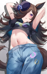 1girl absurdres animal_ears armpits arms_behind_head black_shirt blue_pants breasts brown_hair commentary_request denim hair_over_one_eye hat highres horse_ears horse_girl horse_tail jeans long_hair looking_at_viewer maimuu midriff navel open_mouth pants purple_eyes purple_hat rice_shower_(umamusume) shirt short_sleeves small_breasts solo standing t-shirt tail tilted_headwear umamusume