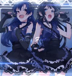 Rule 34 | 10s, 2girls, armpits, bare shoulders, black gloves, black hair, black skirt, blue hair, blue nails, blush, choker, collarbone, cowboy shot, earrings, elbow gloves, fingerless gloves, gloves, hair ornament, hand on own chest, holding, holding microphone, idolmaster, idolmaster (classic), idolmaster million live!, jewelry, kisaragi chihaya, long hair, looking at another, microphone, mogami shizuka, multiple girls, music, nail polish, nose blush, open mouth, red eyes, sash, see-through, singing, skirt, stage, star (symbol), star earrings, star hair ornament, sweatdrop, yomosaka
