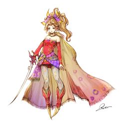 Rule 34 | 1girl, absurdres, bare shoulders, blonde hair, breasts, cape, closed mouth, detached sleeves, dress, earrings, final fantasy, final fantasy vi, highres, jewelry, kurasuta, long hair, pantyhose, ponytail, ribbon, signature, simple background, solo, sword, tina branford, weapon, white background