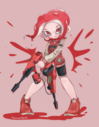 Rule 34 | 1girl, :q, absurdres, artist name, bike shorts, black shorts, blush, buttons, closed mouth, commentary request, dual wielding, dualie squelcher (splatoon), eyelashes, forehead, full body, gun, highres, holding, holding gun, holding weapon, iguana152588, jacket, letterman jacket, licking lips, long sleeves, looking at viewer, medium hair, nintendo, octoling, octoling girl, octoling player character, paint, paint splatter, parted bangs, purple background, red eyes, red footwear, red hair, red jacket, shoes, short eyebrows, short shorts, shorts, simple background, smile, sneakers, solo, splatoon (series), splatoon 2, standing, suction cups, tentacle hair, tongue, tongue out, weapon