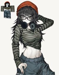 Rule 34 | 1girl, arm up, artist name, beanie, black hair, black nails, breasts, brown hat, colored skin, denim, glasses, hat, headphones, highres, jeans, looking at viewer, mary felizola, medium breasts, midriff, navel, original, pants, reference inset, roblox, shirt, solo, striped clothes, striped shirt, white background, white skin