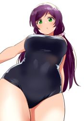 Rule 34 | 1girl, black one-piece swimsuit, breasts, from below, green eyes, kurokawa makoto, large breasts, long hair, looking at viewer, love live!, love live! school idol festival, love live! school idol project, low twintails, one-piece swimsuit, parted lips, purple hair, school swimsuit, simple background, solo, swimsuit, tojo nozomi, twintails, white background