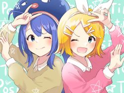 Rule 34 | 2girls, ;d, \n/, ahoge, aoiyui, blonde hair, blue eyes, blue hair, blue headwear, bow, brown sweater, eel hat, hair bow, hair ornament, hairclip, hands up, heart arms duo, kagamine rin, large hat, long hair, looking at another, multiple girls, one eye closed, open mouth, otomachi una, pink sweater, raised eyebrow, short hair, smile, star (symbol), sweater, upper body, v, very long hair, vocaloid, white bow