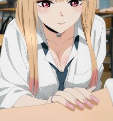 Rule 34 | 1girl, blonde hair, blue neckwear, blush, breasts, choker, cleavage, collarbone, earrings, fake nails, highres, jewelry, kitagawa marin, large breasts, long hair, multiple earrings, nail polish, necktie, red eyes, ring, school uniform, screencap, shirt, sono bisque doll wa koi wo suru, stitched, third-party edit, white shirt