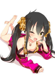 Rule 34 | 10s, 1girl, ;d, animal print, barefoot, black hair, blush, downblouse, feet, full body, hair ribbon, heart, heart necklace, idolmaster, idolmaster cinderella girls, jewelry, legs up, leopard print, long hair, looking at viewer, lying, matoba risa, necklace, on stomach, one eye closed, open mouth, ribbon, saki chisuzu, smile, soles, solo, the pose, toes, twintails, yellow eyes