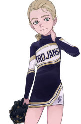 Rule 34 | 1girl, absurdres, blonde hair, blue eyes, cheerleader, child, earrings, feason, female focus, flat chest, highres, jewelry, looking at viewer, pom pom (cheerleading), ponytail, simple background, smile, solo, upper body, white background