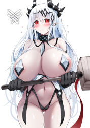 Rule 34 | 1girl, absurdres, arknights, bare shoulders, black gloves, blush, breasts, cleavage, gloves, grey hair, hair ornament, hammer, highres, holding, holding hammer, holding weapon, horns, huge breasts, jewelry, kokihanada, long hair, looking at viewer, mudrock (arknights), navel, pointy ears, red eyes, revealing clothes, simple background, solo, thighs, weapon, white background