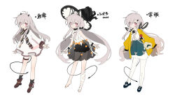 Rule 34 | 1girl, 2021, animal ear fluff, animal ears, ankle socks, antenna hair, anthony (madoka magica), arin (fanfan013), ascot, bag, bandaged leg, bandages, bare legs, bare shoulders, barefoot, belt, belt collar, black ascot, black belt, black bloomers, black bow, black flower, black footwear, black hat, black horns, black ribbon, black skirt, black socks, black tail, black wrist cuffs, bloomers, blue skirt, bone print, boots, bow, bowtie, brooch, brown belt, brown bow, brown bowtie, brown footwear, cat ears, character bag, chinese text, closed mouth, collar, collared shirt, dagger, demon horns, demon tail, detached collar, dress, eyelashes, flower, flower brooch, footwear flower, frilled hat, frills, full body, grey hair, hair between eyes, hair bow, hair ornament, hairclip, hat, hat ribbon, horns, infinity symbol, jacket, jewelry, knife, light blush, long hair, long sleeves, looking at viewer, low twintails, mahou shoujo madoka magica, mahou shoujo madoka magica (anime), mary janes, miniskirt, open clothes, open jacket, orange bow, orange ribbon, original, pantyhose, pink eyes, pleated skirt, pom pom (clothes), puffy long sleeves, puffy sleeves, red flower, red rose, ribbon, rose, see-through, see-through skirt, shirt, shoes, short dress, shoulder bag, sidelocks, simple background, skirt, sleeves past wrists, small horns, smile, socks, strapless, strapless shirt, striped bow, striped bowtie, striped clothes, striped headwear, tail, thigh belt, thigh strap, translation request, twintails, underwear, variations, very long hair, waist bow, waist ribbon, weapon, white background, white bloomers, white collar, white dress, white pantyhose, white ribbon, white shirt, white sleeves, witch hat, wrist cuffs, wrist ribbon, yellow jacket, yellow sleeves