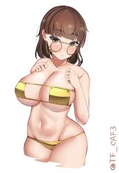 Rule 34 | 1girl, absurdres, alternate costume, bikini, breasts, brown eyes, brown hair, cleavage, cowboy shot, eyepatch bikini, glasses, gold bikini, highres, kantai collection, large breasts, medium hair, navel, one-piece swimsuit, pince-nez, roma (kancolle), round eyewear, simple background, solo, swimsuit, tf cafe, twitter username, white background