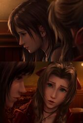 Rule 34 | 2girls, absurdres, aerith gainsborough, bare shoulders, black hair, blurry, blurry foreground, brown hair, choker, closed mouth, commentary, earrings, english commentary, final fantasy, final fantasy vii, final fantasy vii rebirth, final fantasy vii remake, from side, green eyes, hair ribbon, highres, indoors, jacket, jewelry, long hair, looking at another, multiple girls, multiple views, parted bangs, parted lips, pink ribbon, profile, red eyes, red jacket, ribbon, safaia, single earring, swept bangs, tank top, teardrop earring, tifa lockhart, upper body, white tank top