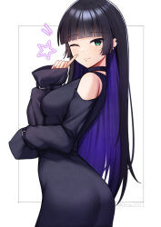 Rule 34 | 1girl, ;), absurdres, ass, black choker, black dress, black hair, blunt bangs, bocchi the rock!, chin piercing, choker, clothing cutout, dress, ear piercing, earrings, from side, green eyes, highres, index finger raised, jewelry, long hair, looking at viewer, multicolored hair, multiple piercings, nassss, one eye closed, pa-san, piercing, pointing, pointing at self, purple hair, shoulder cutout, single bare shoulder, sleeves past wrists, smile, solo, star (symbol), twitter username, two-tone hair