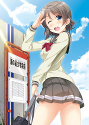 Rule 34 | 10s, 1girl, ;d, blue eyes, blush, breasts, brown hair, bus stop, hino minato (spec.c), looking at viewer, love live!, love live! sunshine!!, medium breasts, one eye closed, open mouth, salute, school uniform, serafuku, short hair, smile, solo, watanabe you