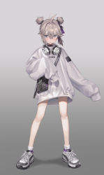 Rule 34 | 1girl, absurdres, alternate costume, alternate hairstyle, antenna hair, bag, black choker, choker, closed mouth, double bun, full body, girls&#039; frontline, gradient background, grey background, grey eyes, grey hair, hair between eyes, hair bun, hair tie, headphones, headphones around neck, highres, long sleeves, m200 (girls&#039; frontline), m2 (guvn5745), shadow, shoes, shoulder bag, simple background, sleeves past fingers, sleeves past wrists, sneakers, socks, solo, standing, sweater, white sweater