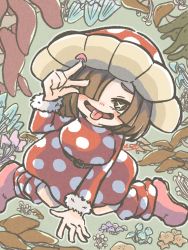 Rule 34 | 1girl, belt, blush, boku no hero academia, boots, brown eyes, brown hair, commentary, commentary request, dress, fur trim, green background, hair over one eye, hat, komori kinoko, long sleeves, mushroom, mushroom hat, open mouth, pink footwear, polka dot, polka dot dress, pusshwa, red dress, short hair, smile, solo, symbol-only commentary, symbol-shaped pupils, tongue, tongue out, w, x-shaped pupils