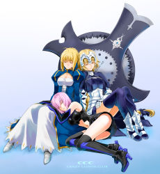Rule 34 | 3girls, ahoge, armor, armored dress, artoria pendragon (all), artoria pendragon (fate), bare shoulders, blonde hair, blue background, boots, bow, braid, breasts, capelet, chain, cleavage, cleavage cutout, closed eyes, clothing cutout, dress, elbow gloves, fate/apocrypha, fate/grand order, fate/stay night, fate (series), gauntlets, gloves, gradient background, greaves, hair bow, hair ribbon, headpiece, high heels, impossible clothes, jeanne d&#039;arc (fate), jeanne d&#039;arc (ruler) (fate), juliet sleeves, lap pillow, large breasts, long hair, long sleeves, mash kyrielight, multiple girls, navel, parted lips, pink hair, puffy sleeves, ribbon, saber (fate), shield, shirotsumekusa, short hair, single braid, sleeping, thighhighs, underbust