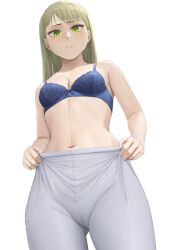 Rule 34 | 1girl, absurdres, ano (gccx8784), bad id, bad pixiv id, blonde hair, blue bra, bra, breasts, cleavage, cowboy shot, green eyes, grey pants, highres, long hair, looking at viewer, medium breasts, navel, no shirt, original, pants, parted lips, simple background, solo, standing, stomach, underwear, white background