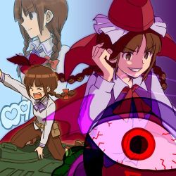 Rule 34 | 1girl, :d, ^ ^, arm up, belt, belt buckle, bloodshot eyes, blunt bangs, boots, bow, braid, brown belt, brown eyes, brown footwear, brown hair, brown pants, buckle, closed eyes, closed mouth, collared shirt, evil eye sigma, eyeball, eyebrows, fingernails, grin, hair bow, hat, heart, kneeling, legs apart, long hair, long sleeves, multiple persona, open mouth, pants, parted bangs, pouch, purple vest, red bow, red hat, rika (touhou), shikido (khf), shirt, smile, solo, teeth, touhou, touhou (pc-98), twin braids, v-shaped eyebrows, vest, white shirt