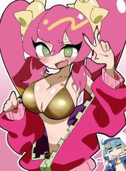 Rule 34 | 2girls, blue hair, blush, bra, breasts, cellphone, duel monster, fang, fingernails, green eyes, hairband, highres, jacket, ki-sikil (yu-gi-oh!), large breasts, lil-la (yu-gi-oh!), lipstick mark, lipstick mark on breast, live twin ki-sikil, live twin lil-la, long hair, looking at viewer, medium hair, multiple girls, nail polish, open clothes, open jacket, open mouth, phone, pink background, pink hair, recording, sharp fingernails, simple background, skin fang, smartphone, spiked hairband, spikes, sweatdrop, twintails, underwear, urasuka, v, yu-gi-oh!, zipper