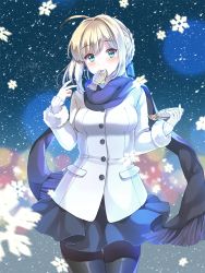 Rule 34 | 1girl, ahoge, artoria pendragon (all), artoria pendragon (fate), black pantyhose, blue eyes, blue scarf, blush, breasts, coat, cowboy shot, fate/stay night, fate (series), food, ice (ice aptx), mouth hold, official alternate costume, pantyhose, saber (fate), scarf, short hair, skirt, snowflakes, snowing, solo, taiyaki, wagashi, winter clothes, winter coat