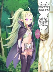 Rule 34 | 1boy, 1girl, absurdres, ahoge, belt, blush, boots, bound, bow, breasts, cape, circlet, collarbone, commentary, commission, empty eyes, english commentary, english text, feet out of frame, fire emblem, fire emblem awakening, fire emblem heroes, forehead, forest, gloves, gold choker, gold trim, green hair, highres, hood, hood up, hooded robe, hypnosis, kiran (fire emblem), kiran (male) (fire emblem), long hair, maozi dan, mind control, nature, navel, nintendo, nowi (fire emblem), open mouth, outdoors, pink bow, pink eyes, pink shorts, pink thighhighs, pointy ears, ponytail, purple cape, purple footwear, purple gloves, robe, short shorts, shorts, sidelocks, small breasts, speech bubble, standing, stomach, teeth, thigh boots, thighhighs, tree, twitter username, upper teeth only, variant set, very long hair, white belt, white robe