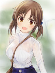 Rule 34 | 1girl, :d, between breasts, blue bow, blurry, blurry background, blush, bow, bra, bra visible through clothes, bralines, breasts, brown eyes, brown hair, hair bow, idolmaster, idolmaster cinderella girls, large breasts, long sleeves, looking at viewer, medium hair, nannacy7, open mouth, parted bangs, ribbed shirt, ribbed sleeves, see-through, shirt, smile, solo, strap between breasts, totoki airi, turtleneck, twintails, underwear, upper body, white shirt