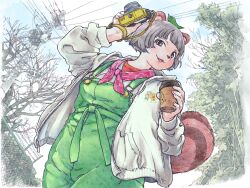 Rule 34 | 1girl, :3, animal ears, animal nose, bandana, bandana around neck, barbed wire, blue sky, camera, chain-link fence, coffee cup, cowboy shot, cup, disposable cup, fence, from below, green overalls, grey eyes, grey hair, grey hoodie, hands up, highres, holding, holding camera, holding cup, hood, hood down, hoodie, leaf, leaf on head, long sleeves, looking at viewer, mode aim, open clothes, open hoodie, open mouth, orange shirt, outdoors, pink bandana, ponpoko (vtuber), power lines, raccoon ears, raccoon girl, raccoon tail, sharp teeth, shirt, short hair, sky, snout, solo, standing, tail, teeth, tree, usagisawa, utility pole, virtual youtuber