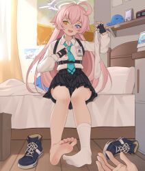 Rule 34 | 1girl, barefoot, bed, blue archive, blue eyes, feet, fingerless gloves, gloves, heterochromia, hoshino (blue archive), long hair, looking at viewer, open mouth, pink hair, pointing, shoes, socks, soles, toes, unworn shoes, unworn socks, white socks, xssh, yellow eyes