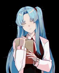 Rule 34 | 1girl, angela (project moon), black vest, blue hair, closed eyes, closed mouth, coat, collared shirt, highres, lobotomy corporation, long hair, long sleeves, msx (mis4xi), necktie, one side up, parted bangs, project moon, red necktie, shirt, sidelocks, solo, very long hair, vest, white coat, white shirt
