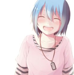 Rule 34 | 10s, 1girl, :d, ^ ^, aqua hair, blue hair, casual, closed eyes, cross, dog tags, face, happy, jewelry, mahou shoujo madoka magica, mahou shoujo madoka magica (anime), miki sayaka, necklace, open mouth, ryuunosuke (luckyneco), short hair, smile, solo, striped, teeth