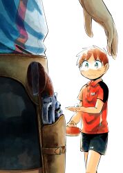 Rule 34 | 2boys, ball, black shorts, brown hair, child, closed mouth, commentary request, green eyes, gun, handgun, highres, holding, holding ball, holding paddle, holster, holstered, kakemaru kakeu, male focus, multiple boys, nervous, original, paddle, red shirt, revolver, shirt, short hair, shorts, simple background, solo focus, sweatdrop, table tennis ball, table tennis paddle, weapon, white background