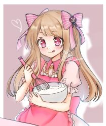 Rule 34 | 1girl, apron, artist name, blonde hair, blush, border, bowl, chaos marie (grimms notes), cooking, grimms notes, hair ribbon, holding, holding bowl, long hair, looking down, pink apron, puffy short sleeves, puffy sleeves, ribbon, short sleeves, simple background, smile, solo, tongue, tongue out, upper body, whisk, white border, yzkt 813