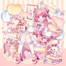 Rule 34 | 1girl, :d, animal ears, armchair, balloon, blush, book, book stack, bookmark, bow, bowtie, brooch, cake, cake slice, chair, checkerboard cookie, commentary request, compact (cosmetics), confetti, cookie, corset, cosmetics, cross-laced clothes, cup, cupcake, double bun, drawer, dress, eyelashes, facial mark, floppy ears, flower, food, footwear bow, fork, frilled dress, frilled sleeves, frilled socks, frills, fruit, full body, hair bun, hair flower, hair ornament, hands up, headdress, heart, heart balloon, heart brooch, heart facial mark, holding, holding cup, holding plate, hyou (pixiv3677917), jar, jewelry, kneehighs, layered dress, lipstick tube, long sleeves, looking at viewer, macaron, nail polish bottle, on chair, open mouth, original, picture frame, pink background, pink bow, pink corset, pink dress, pink eyes, pink flower, pink footwear, pink hair, pink ribbon, plate, rabbit ears, red bow, red bowtie, ribbon, saucer, shoes, short hair, sidelocks, simple background, sitting, smile, socks, solo, sparkle, steam, strawberry, string of flags, striped, striped background, stuffed animal, stuffed rabbit, stuffed toy, sugar cube, swept bangs, table, tablecloth, tea, teacup, teapot, tiered tray, two-tone background, two-tone dress, white bow, white dress, white flower, white socks, yellow background
