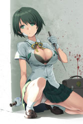 Rule 34 | 1girl, :o, bad id, bad pixiv id, bandages, blood, bow, bra, breasts, bursting breasts, cleavage, gloves, green eyes, knife, large breasts, len (a-7), linda (sword girls), lingerie, loafers, on one knee, original, panties, pantyshot, pleated skirt, reverse grip, school uniform, serafuku, shirt, shoes, short hair, skirt, solo, squatting, sword girls, taut clothes, taut shirt, underwear, upskirt, white panties