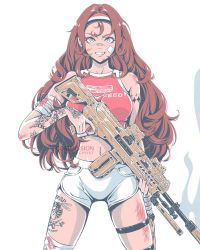 Rule 34 | 1girl, assault rifle, bandage on face, bandaged arm, bandages, bandaid, bandaid on face, bandaid on nose, blood, breasts, brown hair, commission, general-purpose machine gun, gun, headband, highres, iohc choi, knife, knife sheath, limited palette, long hair, looking at viewer, machine gun, navel, navel piercing, original, piercing, rifle, sheath, short shorts, shorts, sig mg338, solo, tattoo, thigh strap, very long hair, wavy hair, weapon, weapon request, white background, white shorts