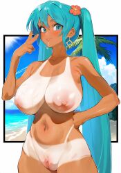 1girl absurdres aqua_eyes aqua_hair brazilian_miku breasts clitoris completely_nude cowboy_shot earrings flower hair_between_eyes hair_flower hair_ornament hand_on_own_hip hatsune_miku highres jewelry large_breasts light_particles long_hair looking_at_viewer mousekkk navel nipples nude outside_border pussy sidelocks smile solo stomach sweat sweatdrop tan tanline thighs tongue tongue_out twintails uncensored v vocaloid