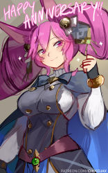 Rule 34 | 1girl, animal ears, anniversary, bell, belt, big hair, cape, chocojax, clenched hand, cleo (dragalia lost), dragalia lost, hair bell, hair ornament, highres, long hair, long sleeves, patreon username, pink eyes, pink hair, rabbit ears, smile, solo, twintails, upper body