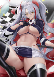Rule 34 | 1girl, antenna hair, azur lane, belt, black footwear, blue jacket, blue skirt, blush, boots, breasts, checkered flag, cleavage, clothing cutout, cropped jacket, cyicheng, earpiece, flag, gloves, hair ornament, half gloves, high heel boots, high heels, highleg, highleg panties, jacket, large breasts, long hair, looking at viewer, miniskirt, multicolored hair, navel, official alternate costume, orange eyes, panties, prinz eugen (azur lane), prinz eugen (final lap) (azur lane), race queen, red hair, red panties, skirt, smile, solo, streaked hair, thigh boots, thighhighs, thighs, two-tone skirt, two side up, underboob, underboob cutout, underwear, white belt, white hair, white skirt