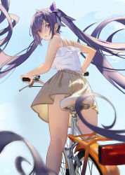 Rule 34 | 1girl, absurdres, alternate costume, ass, beads, bicycle, blue sky, blurry, blurry foreground, breasts, camisole, casual, cone hair bun, contemporary, cruiser bicycle, day, double bun, duzizai, foreshortening, frilled shirt, frills, fringe trim, from behind, from below, genshin impact, hair beads, hair bun, hair ornament, hair ribbon, handlebar, highres, keqing (genshin impact), long hair, looking at viewer, looking back, medium breasts, miniskirt, outdoors, parted lips, purple eyes, purple hair, purple ribbon, ribbon, shirt, shoulder blades, sitting, skirt, sky, sleeveless, sleeveless shirt, solo, sunlight, tan skirt, thighs, white camisole, white shirt