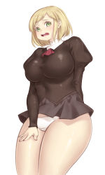 Rule 34 | 1girl, agent aika, aika (series), ascot, black delmo, black jacket, black skirt, blonde hair, blush, breasts, covered navel, covering privates, covering crotch, crotch seam, curvy, delmogeny uniform, evenia, highres, jacket, juliet sleeves, large breasts, long sleeves, misaki (agent aika), open mouth, panties, pantyshot, pleated skirt, plump, puffy sleeves, red ascot, short hair, skirt, solo, standing, teeth, thick thighs, thighs, underwear, uniform, upper teeth only, white panties, wind, wind lift