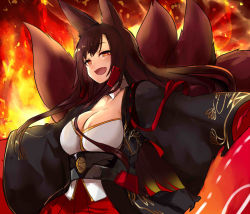Rule 34 | 1girl, :d, akagi (azur lane), animal ears, azur lane, breasts, brown eyes, brown hair, cleavage, commentary, eyeshadow, fang, fiery background, fire, flight deck, fox ears, fox tail, japanese clothes, kimono, large breasts, long hair, long sleeves, looking at viewer, magic, makeup, multiple tails, obi, open mouth, pleated skirt, red skirt, sash, skirt, smile, solo, tail, upper body, wide sleeves, yoshizawa tsubaki